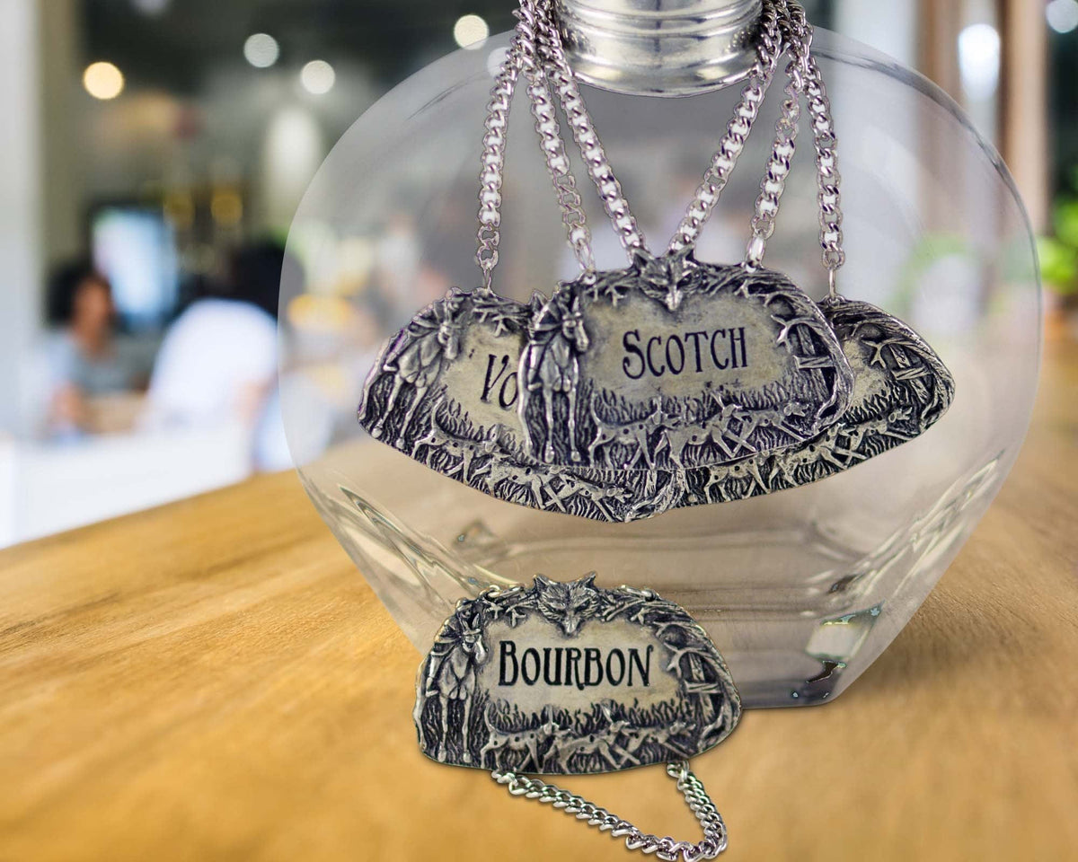 Vagabond House Morning Hunt Pewter Hunt Decanter Tags