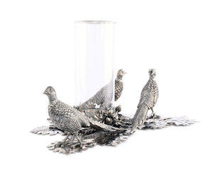 Vagabond House Morning Hunt Pewter Pheasants Pillar Hurricane Centerpiece