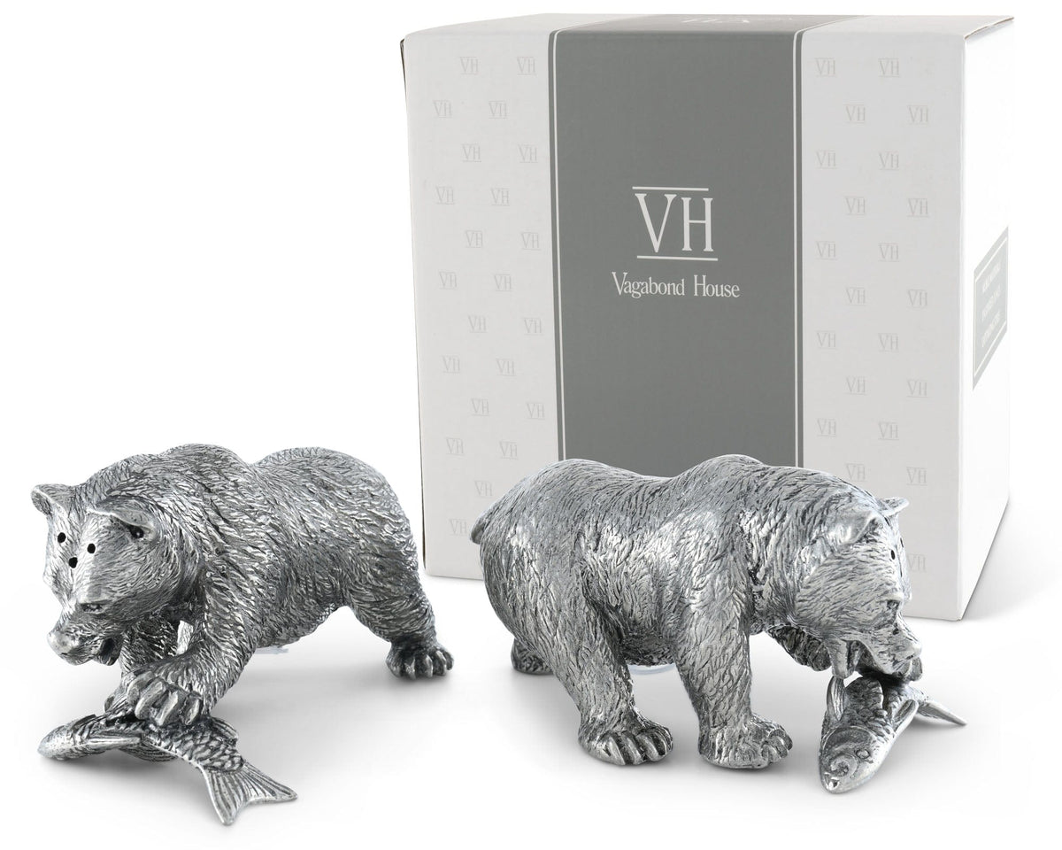 Vagabond House Woodland Creatures Pewter Fishing Bear Salt &amp; Pepper Set